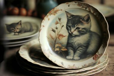 The origin of cats; Vintage porcelain plate with cat portrait on the table.